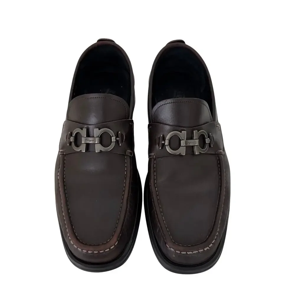 Ferragamo David Gancini Bit Leather Loafers Lug Sole Slip-On Shoes Mens 12D